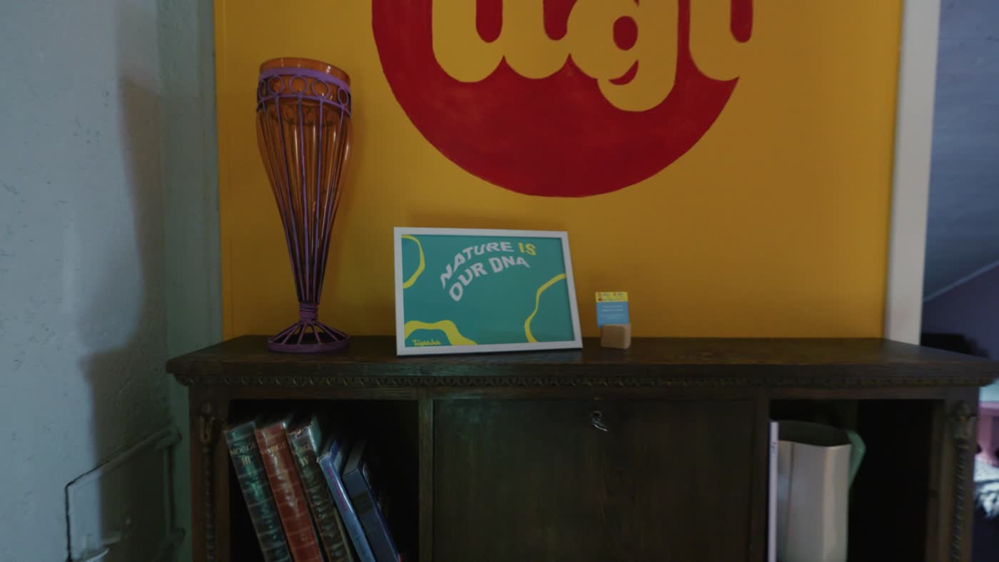 The yellow hallway inside the house, with the tigl mark painted on the wall